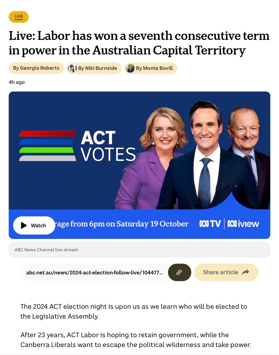 ShaunCGath's tweet photo. #CanberraLibs: close but no cigar. (Actually, and painfully for them, not that close at all)
#ACTLabor will continue in govt, with a few less Greens. #ACTelection https://t.co/fMLbT9hT7z