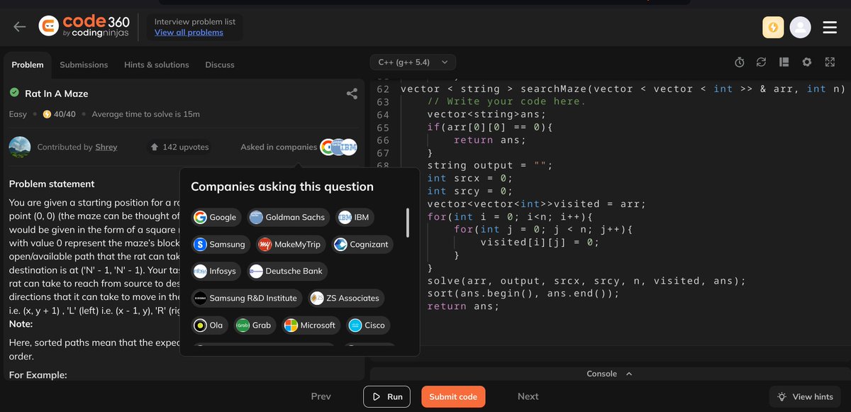 khalekarakash05's tweet photo. Just tackled the 'Rat in a Maze' problem! 🐀🧩 Found all the possible paths from start to finish in a grid maze using recursion. The paths sorted alphabetically🌟 #Coding #Recursion #LeetCode #AlgorithmChallenge #TechJourney #MERNStack #ProblemSolved #100DaysOfCode #DSA #Coder https://t.co/jxnffqtSNY
