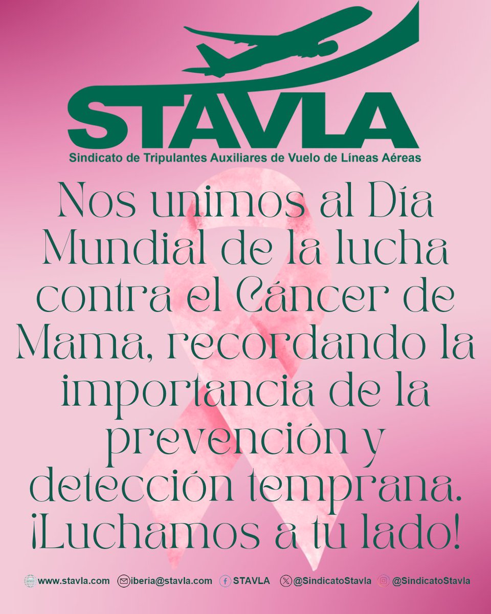 sindicatostavla's tweet photo. Nos unimos al Día Mundial de la lucha contra el Cáncer de Mama, recordando la importancia de la prevención y detección temprana.
En #STAVLA luchamos a tu lado.
#DiaMundialCancerDeMama
#19DeOctubre 
#Aviación 
#Salud
#CancerDeMama https://t.co/CCt1dnGibw