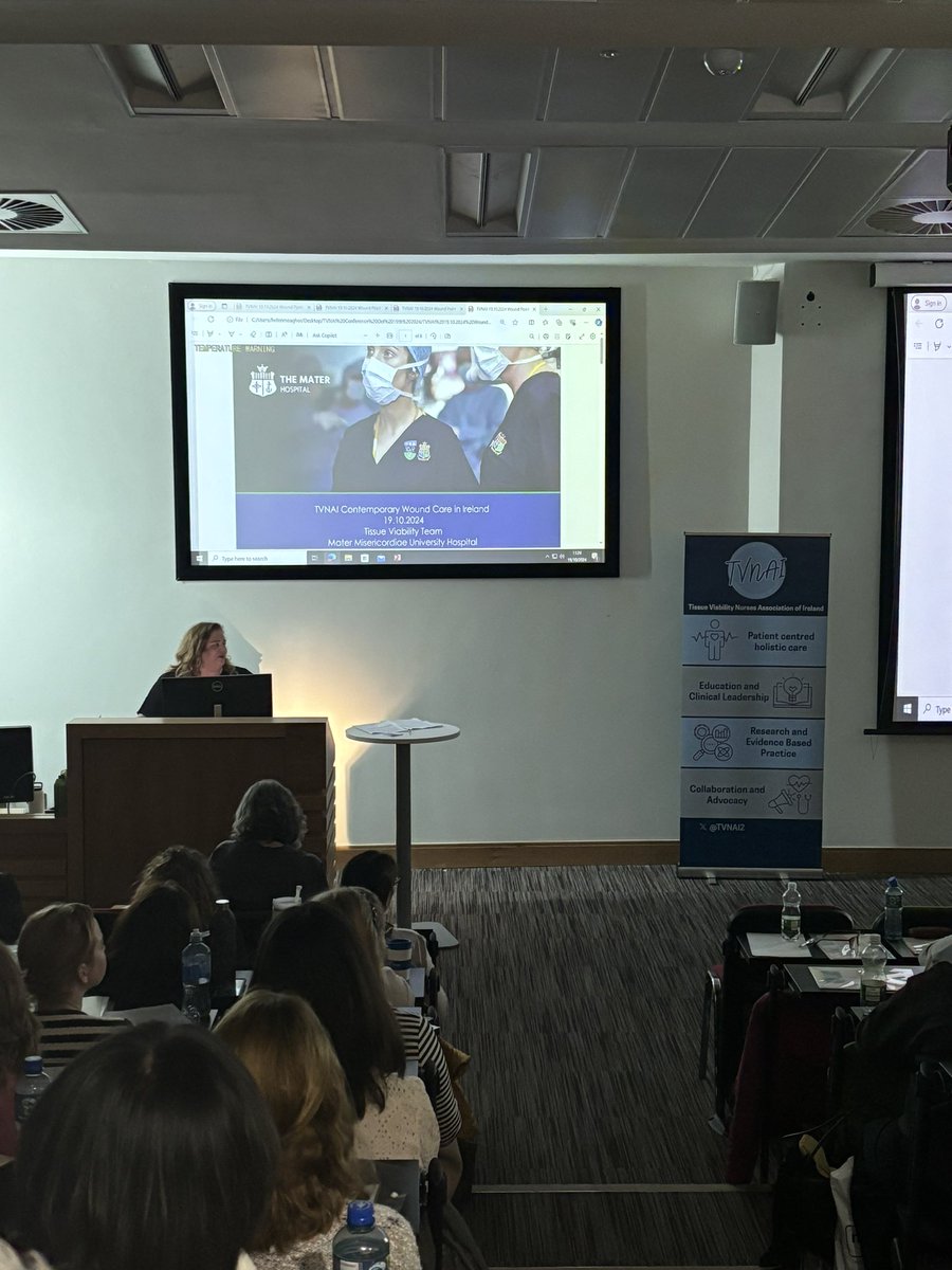 TVNAI2's tweet photo. Grainne Sheehan CNS Tissue Viability Mater University Hospital presenting the Wound Prevalence Survey carried out hospital wide reviewing all types of wounds, within Mater University Hospital @MaterNursing @MaterTVNs @HSELive @HSEMidWest @NatWoundStrat @NationalQPS @TVNAI2 @CERC_UHL