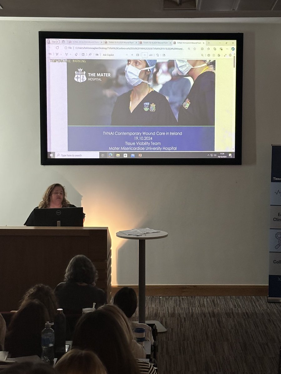 TVNAI2's tweet photo. Grainne Sheehan CNS Tissue Viability Mater University Hospital presenting the Wound Prevalence Survey carried out hospital wide reviewing all types of wounds, within Mater University Hospital @MaterNursing @MaterTVNs @HSELive @HSEMidWest @NatWoundStrat @NationalQPS @TVNAI2 @CERC_UHL