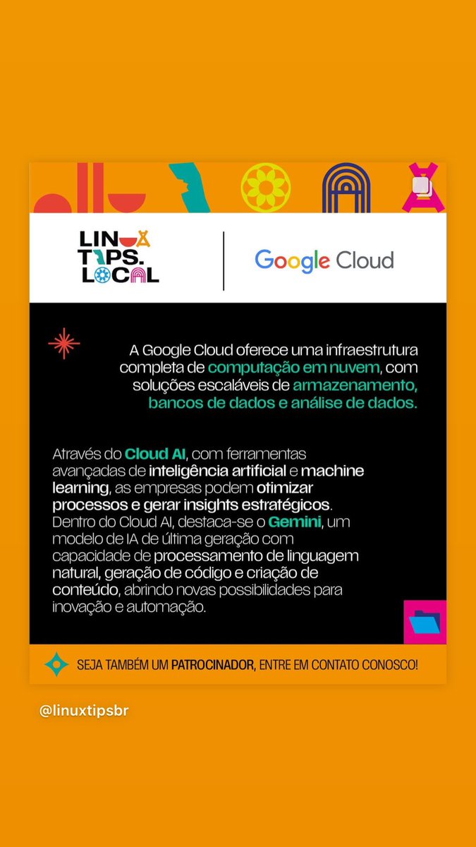 Imagina ter com a gente o <a href="/googlecloud/">Google Cloud</a>? 
Agora imagina ter ele apoiando todas as edições da LINUXtips.local 2024? 

Pois bem, é com o maior orgulho que apresento o Google como um dos principais apoiadores do evento! #VAIIII