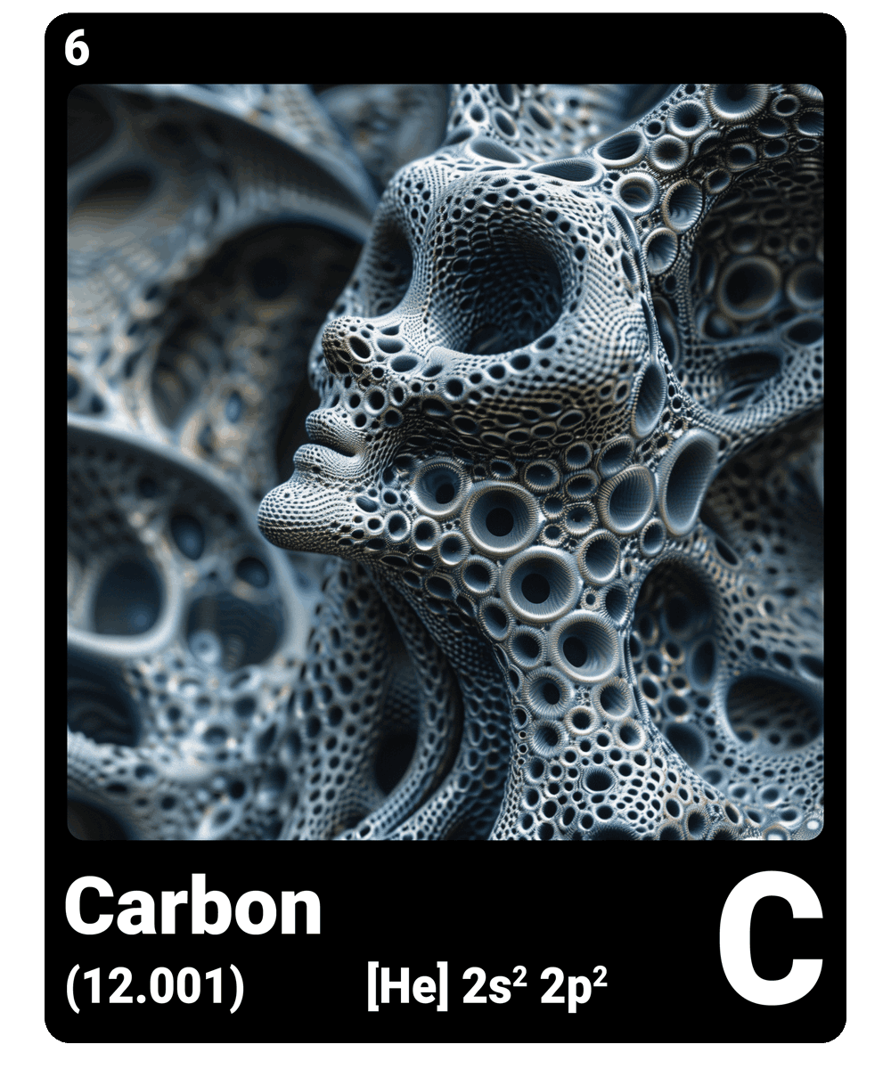 br_AI_king's tweet photo. This is what it looks like when AI gives the chemical element #carbon a face - find all #ChemicalElement in the bio #ScienceArt https://t.co/5d6PqGh6Sr