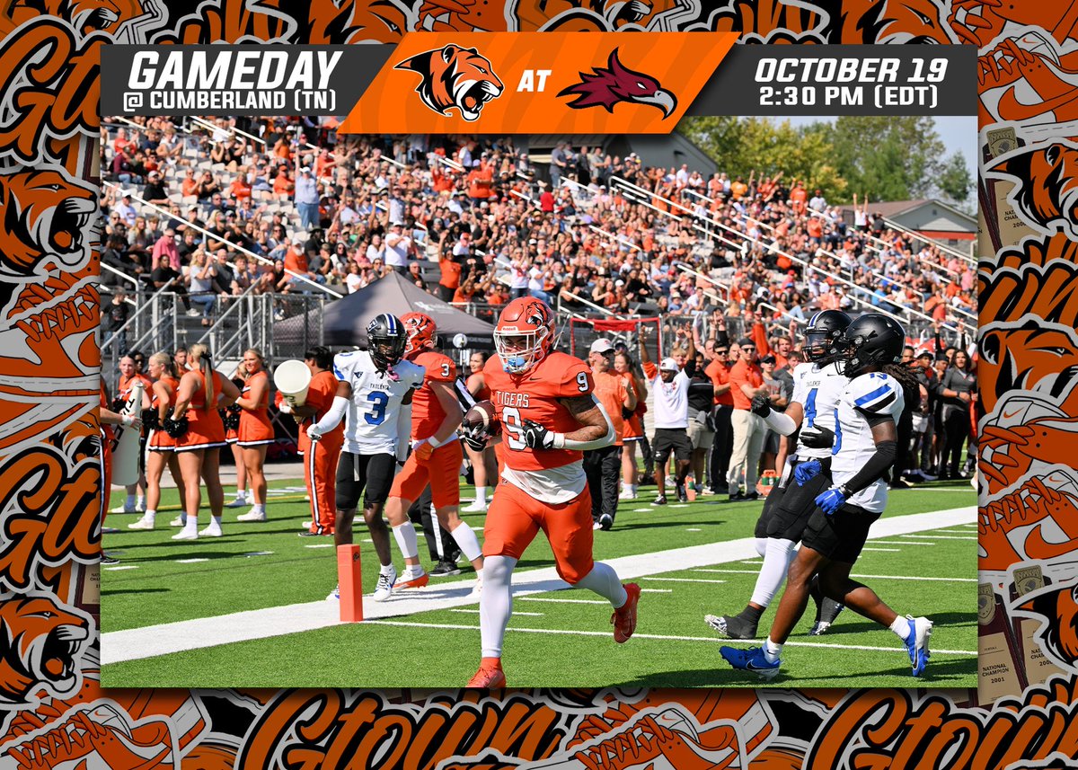 𝐆𝐀𝐌𝐄𝐃𝐀𝐘🐅

The Tigers are in Lebanon, TN to take on Cumberland University🐦‍🔥

Kickoff is at 1:30 PM (CDT) | 2:30 PM (EDT)🏈

Keep up with the game here⬇️
🔗: gocumberlandathletics.com/watch/?Live=5&…

#TigerPride🐅 | #1and0
