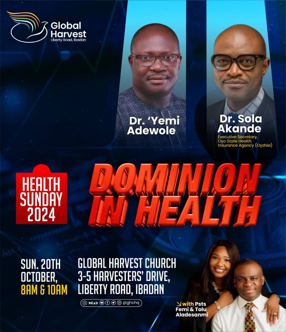 GHCHq's tweet photo. It's *Health Sunday 2024*! 💪

Join us as Dr. 'Yemi Adewole and Dr. Sola Akande share life-changing insights on *Dominion in Health*. 

It's going to be an inspiring and empowering session you won't want to miss! 

#healthsunday #dominioninhealth
#sundayservice
#ghchq https://t.co/bckejZy0am
