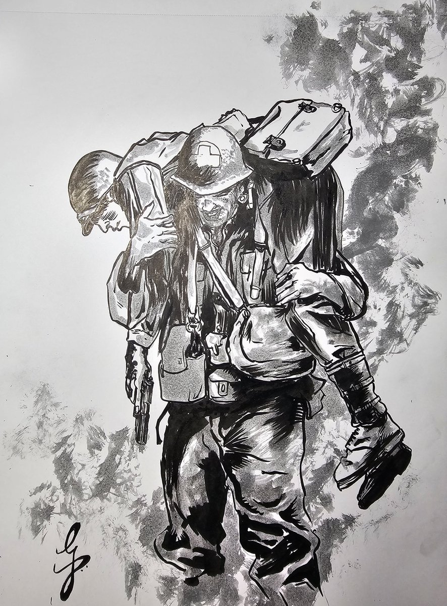 Day 19 - Ridge
From the movie Hacksaw Ridge, World War II Army Medic Desmond Doss,  during the Battle of Okinawa, refuses to kill and becomes the first man in American history to receive a Medal of Honor without firing a shot.
#inktober2024 #inktober #HacksawRidge #andrewgarfield