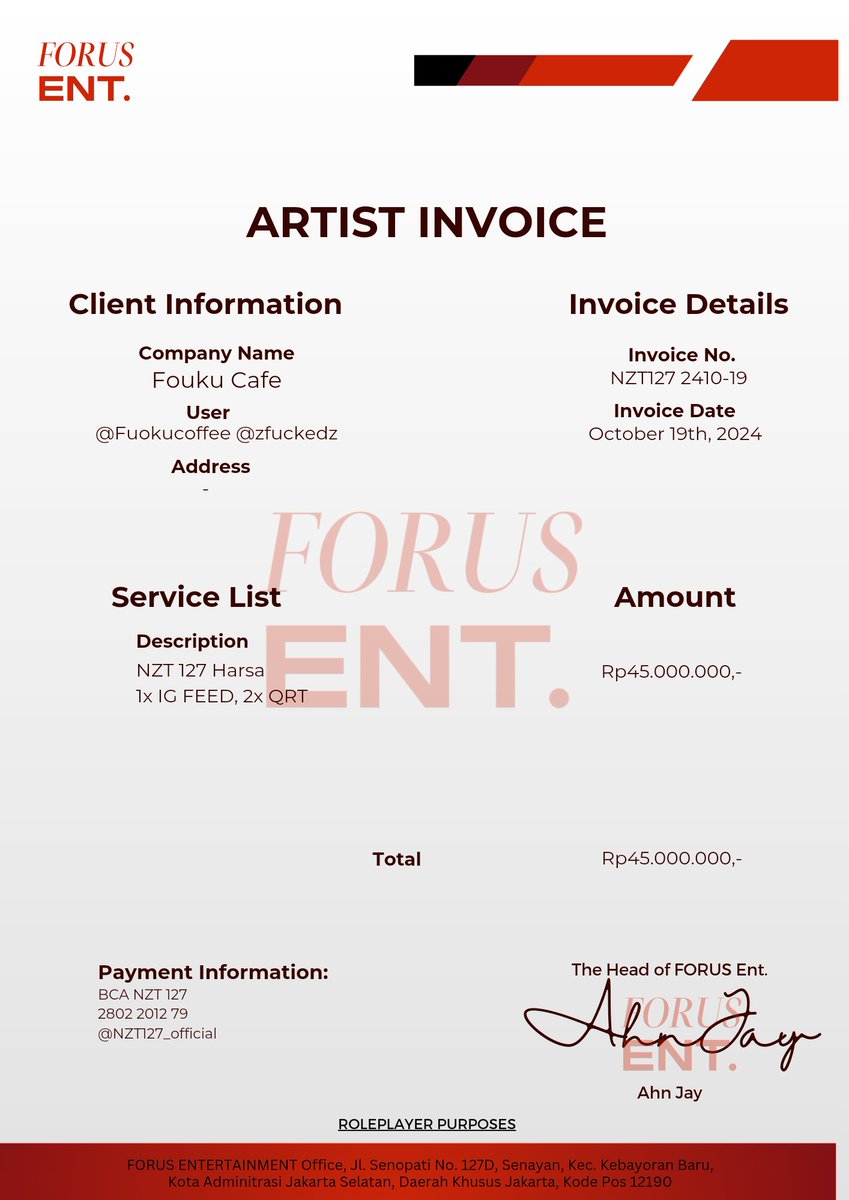🌐 𝗜𝗡𝗩𝗢𝗜𝗖𝗘

Dear, <a href="/Foukucoffee/">Fouku Coffee</a> @zfuckedz

Please review the invoice and let us know if you have any questions or require further information. The payment is due by October 26th, 2024. Thank you for your business.

Best regards,
NZT 127 &amp; FORUS Ent.