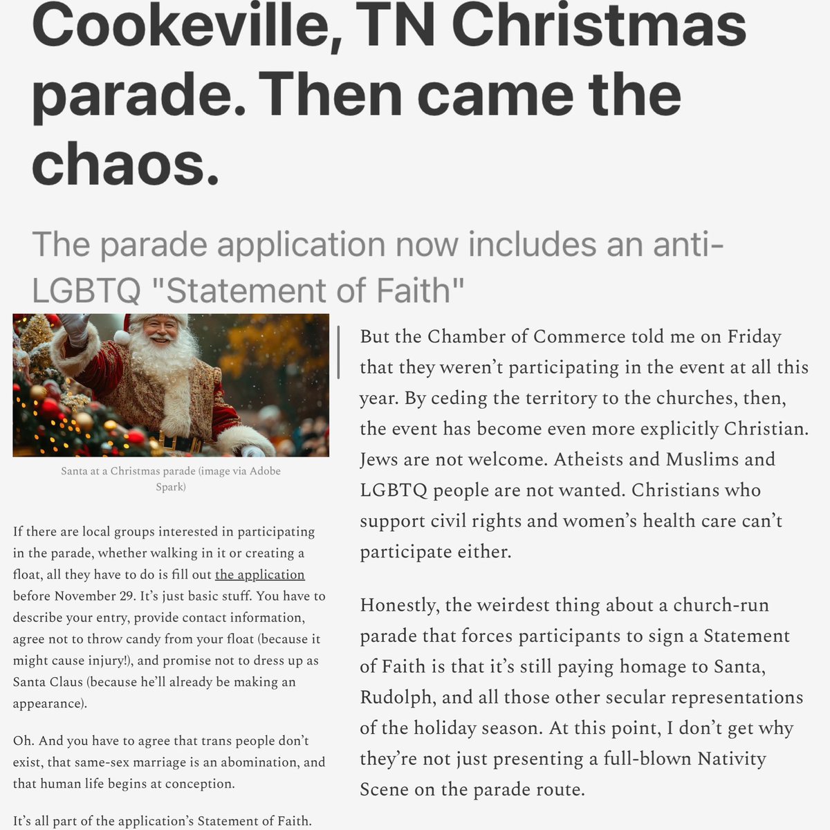 Here’s <a href="/hemantmehta/">Hemant Mehta</a> on COOKEVILLE’s Christmas Parade requiring a “statement of faith” that excludes many.

The city handed it off to churches. But it’s still the “Cookeville Christmas Parade”. Is this how governments enable discrimination going forward? friendlyatheist.com/p/churches-too…