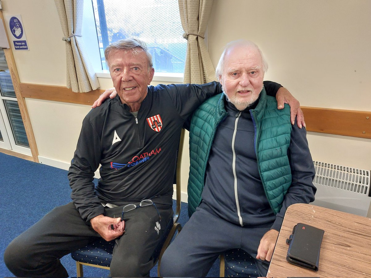 Guisborough Town 'Golden Oldies' reunited! Former Guisborough legendary Manager Mick Hodgson (right) with former Guisborough goalkeeper and current stalwart volunteer Dennis Wheeler pictured in the Priory Suite at half-time in the FA Vase match today against Carlisle City