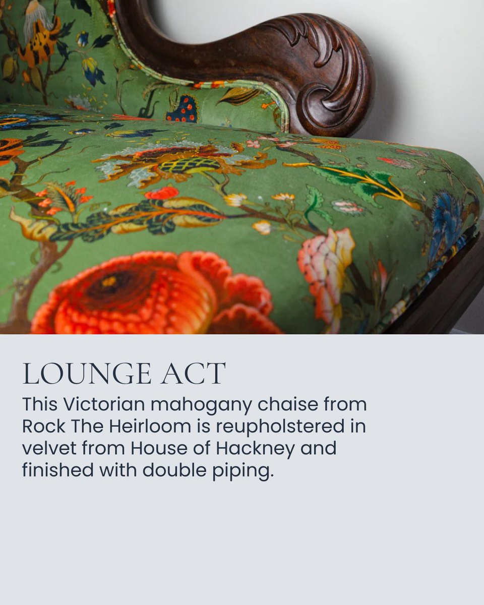 This month, we love antiques to add soul to any interior 🛋️

This is a stunning Victorian mahogany chaise lounge from Rock The Heirloom, reupholstered in a nature inspired 'Moss-Green Artemis' velvet from House of Hackney. Neatly finished off with double piping.