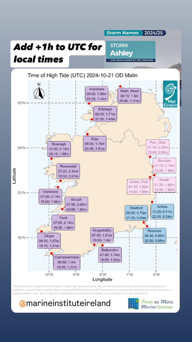 Met Éireann (@meteireann) on Twitter photo #StormAshley high tides info:
Useful to know the times of high tide at your location, as the strong winds will exacerbate the risks of coastal #flooding during all day Sunday, but especially at these times.
Stay Back,Stay High, Stay Dry
(High tides data from of <a href="/MarineInst/">Marine Institute</a> ) #StormAshley high tides info:
Useful to know the times of high tide at your location, as the strong winds will exacerbate the risks of coastal #flooding during all day Sunday, but especially at these times.
Stay Back,Stay High, Stay Dry
(High tides data from of <a href="/MarineInst/">Marine Institute</a> )