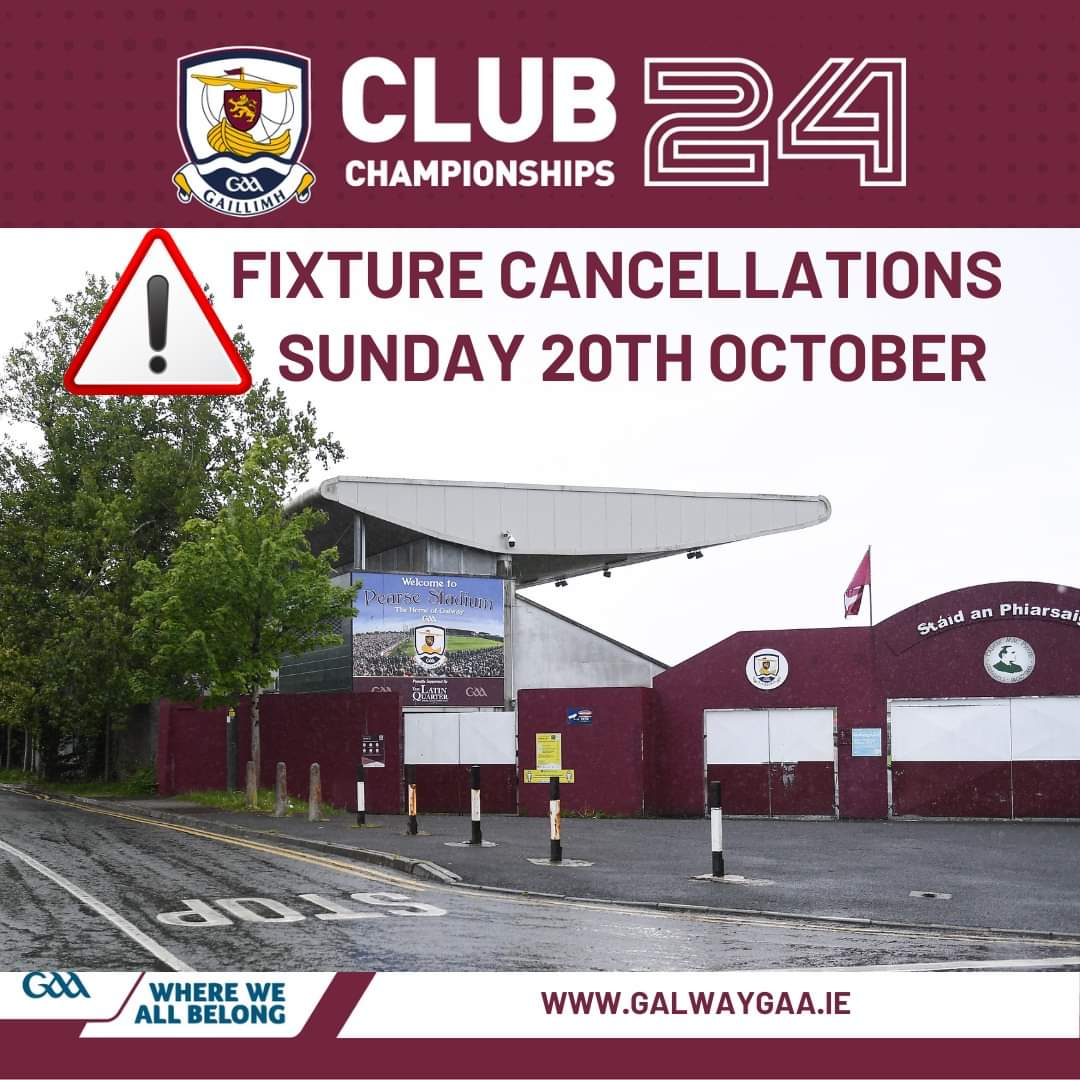 CLG_AnSpideal's tweet image. 🚨 Cluichí ar ceal 🚨

Tá na cluichí uile a bhí le bheith ann amárach, Dé Domhnaigh 20 Deireadh Fómhair, curtha ar ceal de bharr an foláirimh aimsire.

Fógrófar na sonraí nua i rith na seachtaine.