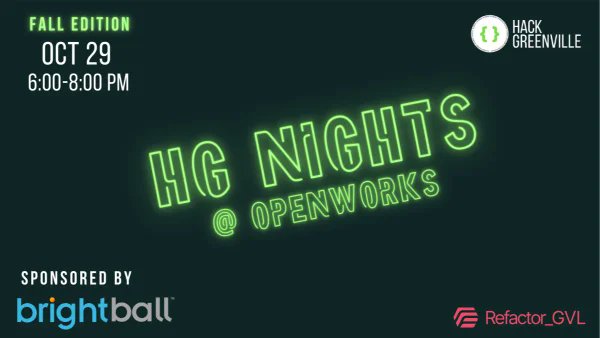 HackGreenville Nights is Oct 29 at OpenWorks.

This social gathering includes 4 optional, short tech &amp; tech-adjacent talks.

Plus, we'll have great food by our volunteers in a potato theme of 'Starch Trek'.

Join over 45 folks already registered at
meetup.com/hack-greenvill…