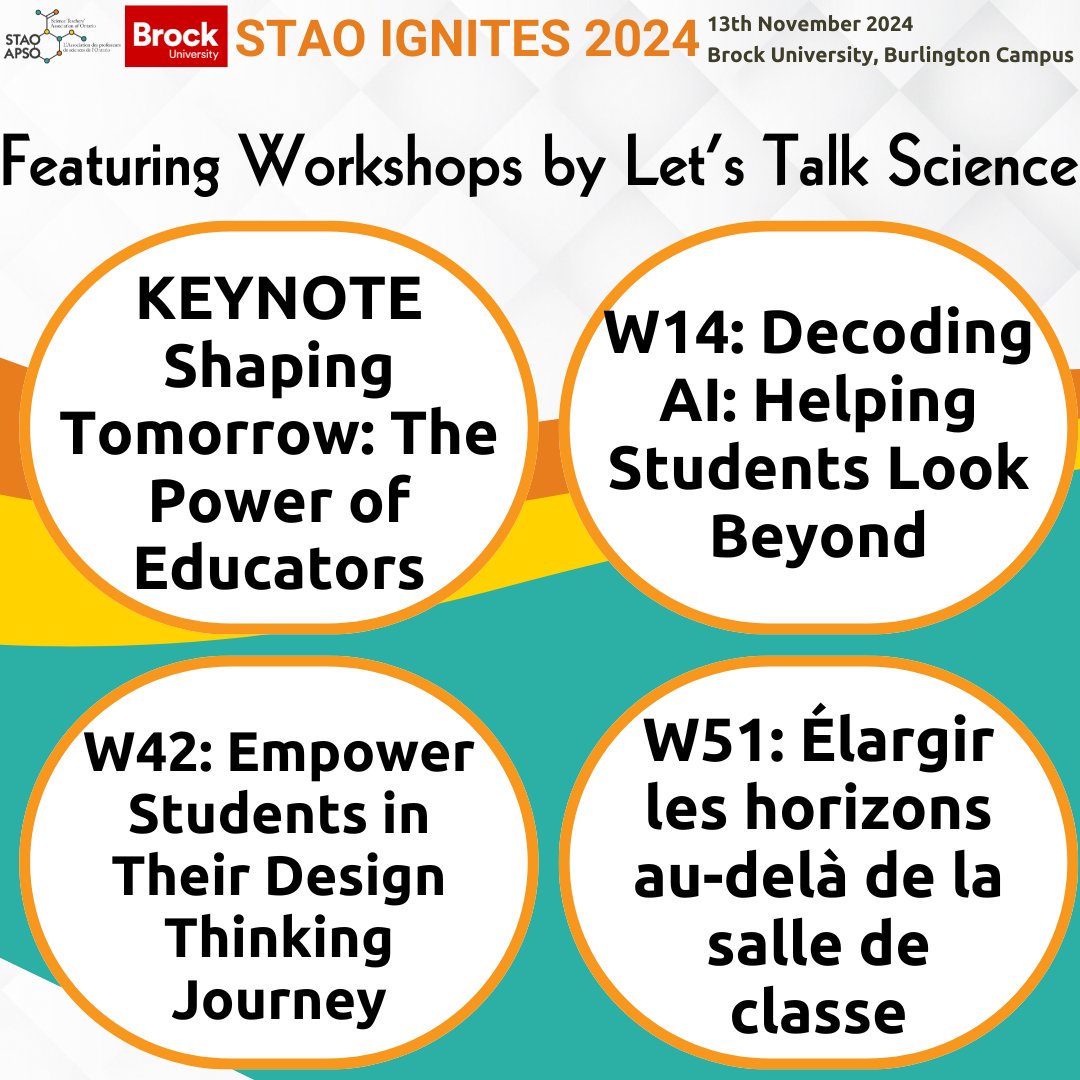 25 days and counting!
Check out these featured workshops by Let's Talk Science!
Kick off the day with our keynote speaker Bonnie Schmidt, President and Founder of Let's Talk Science.
Schedule: tinyurl.com/STAOIgnites202…
Conference Information: stao.ca/stao-ignites-2…