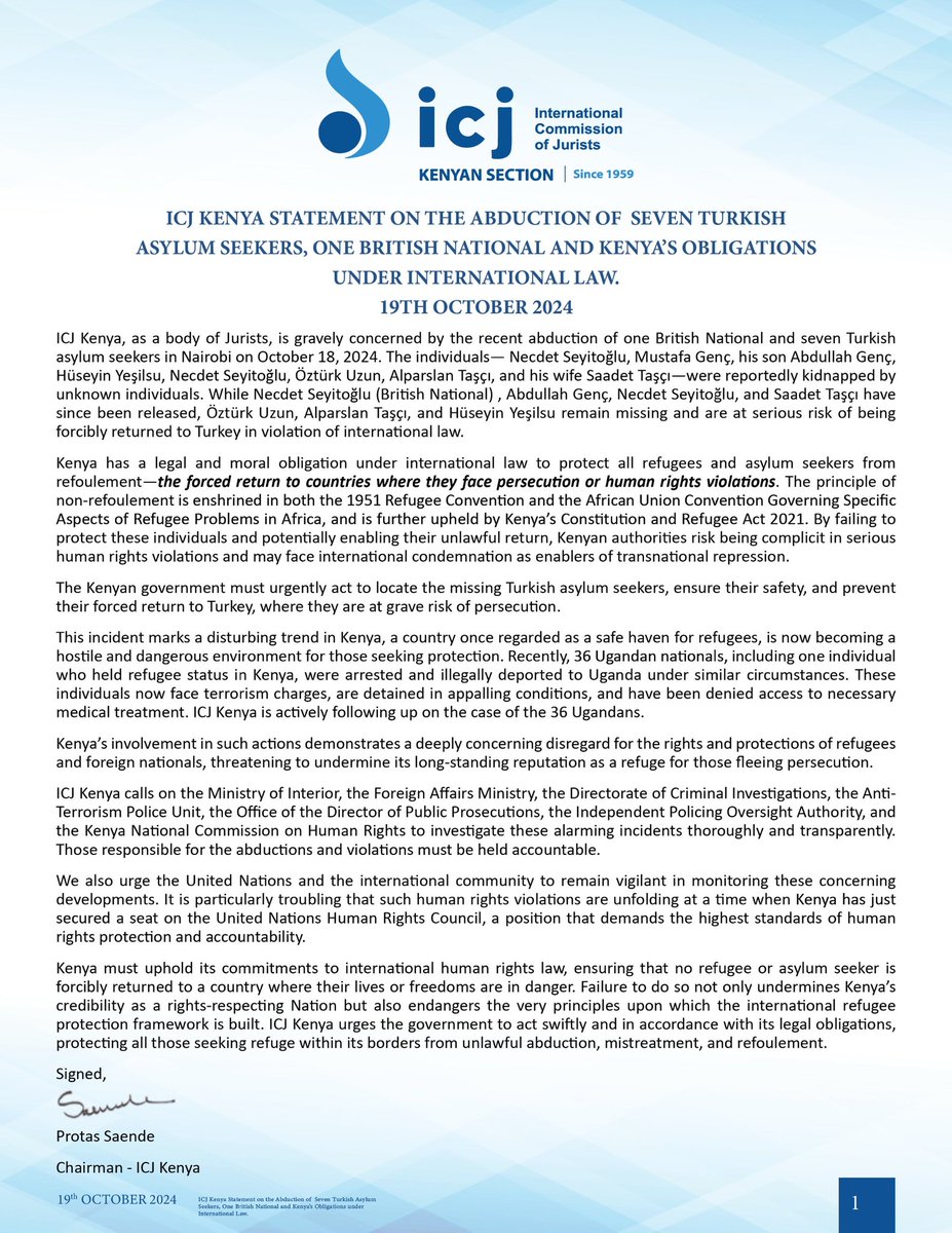 STATEMENT: The Kenyan government must urgently act to locate the missing Turkish asylum seekers, ensure their safety, and prevent their forced return to Turkey, where they are at grave risk of persecution.

This incident marks a disturbing trend in Kenya, a country once regarded
