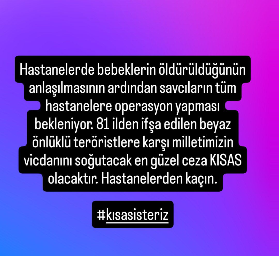 Hastanelerde bebeklerin öldürüldüğünün anlaşılmasının ardından savcıların tüm hastanelere operasyon yapması bekleniyor. 81 ilden ifşa edilen beyaz önlüklü teröristlere karşı milletimizin vicdanını soğutacak en güzel ceza KISAS olacaktır. Hastanelerden kaçın.

#kısasisteriz
