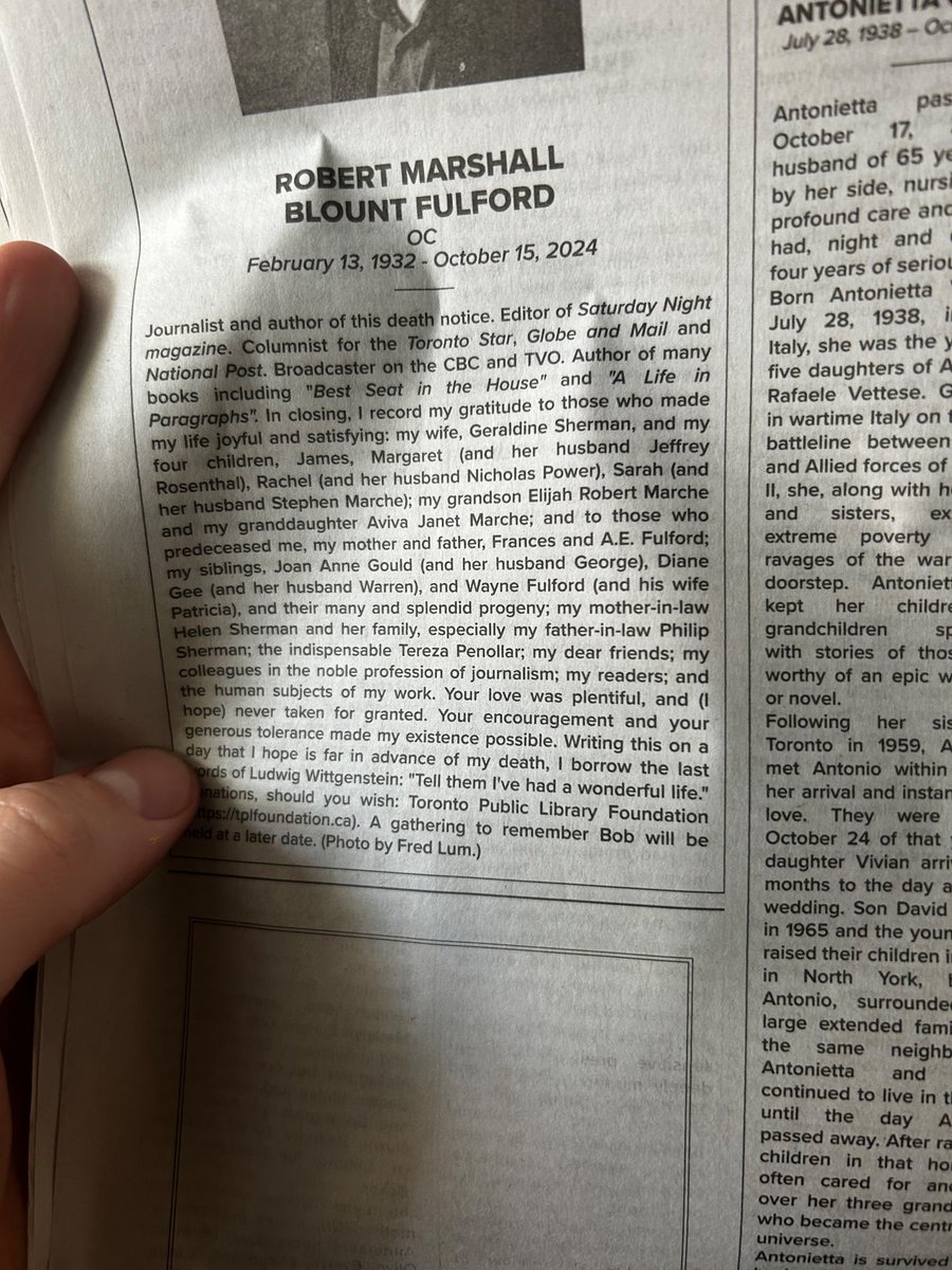 Teared up a little when I found this in the paper today. Robert Fulford wrote his own obituary (of course he did) and thanks his “colleagues in the noble profession of journalism; my readers; and the human subjects of my work.”