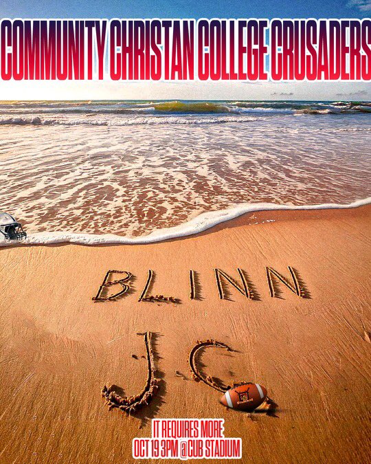 Wake up ! It’s Game Day 🟡🔴🗡️
Your Community Christian College Crusaders travel to Texas again to face the 2-3 Blinn JC Buccaneers 🟡🔴🗡️

⏰- 3:00 PM 
🏫- Cub Stadium 
🎥- Stream - tsbnsports.com/john-melvin-vs…