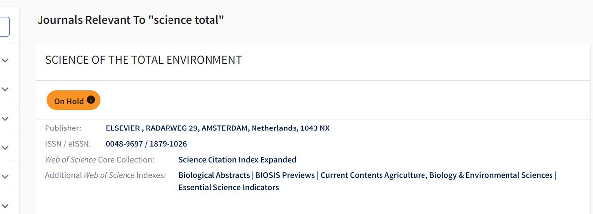 Two major Elsevier Environmental science journals have been put on hold by Clarivate. <a href="/STOTEN_journal/">STOTEN</a> <a href="/Cheme1972/">Chemosphere</a>