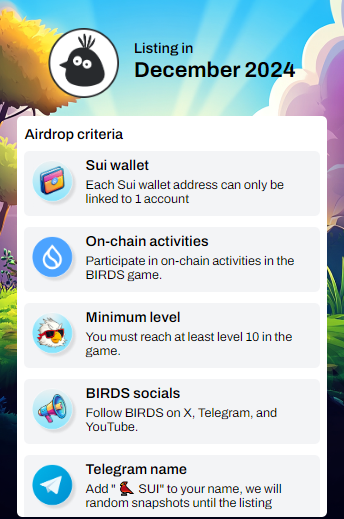 $BIRDS AIRDROP DECEMBER 2024 🪂

👉Play: t.me/birdx2_bot/bir…

How many points do you earn? need $SUI for gas fee. Drop your #Sui wallet address👇

#Airdrop criteria in the image below😍

💚Like
🔂Repost
📚Bookmark

#Sui #SuiCommunity #SuiNetwork