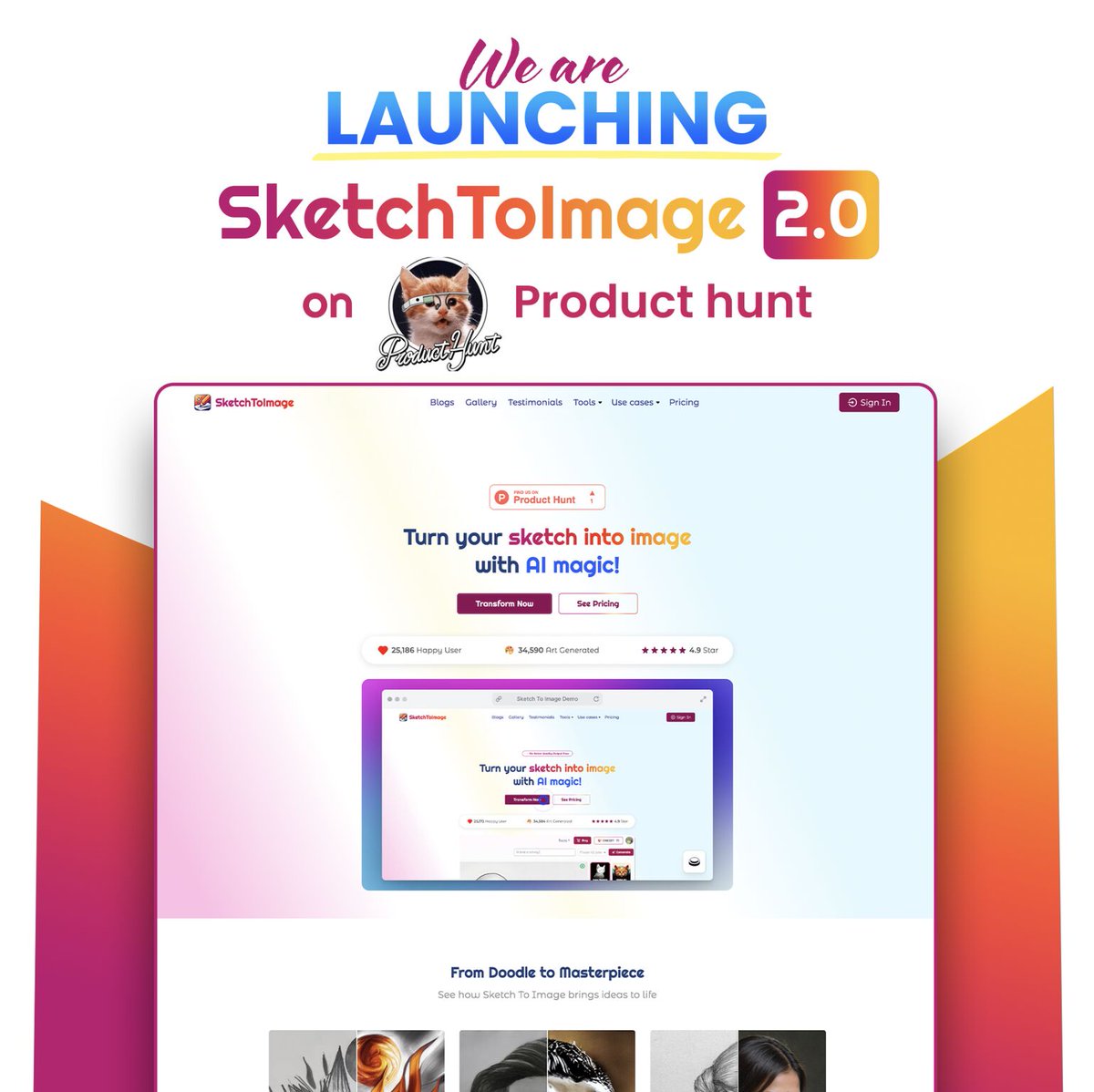connektstudio's tweet photo. 🚀 Just launched Sketch To Image 2.0 on Product Hunt!
Try it here: https://t.co/YcIuRBM1ZT
Use code 'ProductHunt30' for 30% off (3 months)! ✨
Your upvotes &amp; feedback mean everything! 🙏
#producthunt #sketchtoimage #launch #buildinginpublic #saas #ai #sketchart https://t.co/3oLtp3qUCR