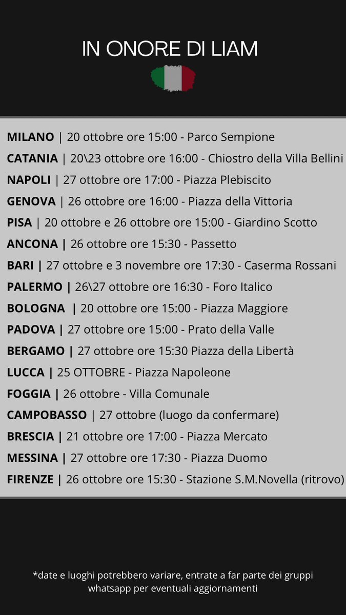 LJPayneItalia's tweet photo. 𝙄𝙉 𝙊𝙉𝙊𝙍𝙀 𝘿𝙄 𝙇𝙄𝘼𝙈

Ecco la lista completa (ma in continuo aggiornamento), di tutti gli incontri nelle città italiane.

Al link trovate tutti i gruppi al momento disponibili. A breve saranno aggiunti tutti gli altri: https://t.co/cbgHYtGP4k https://t.co/fQLS461xhX