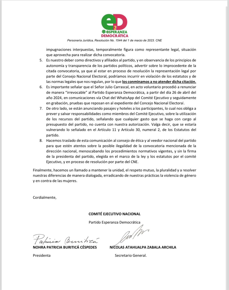📢 #ComunicadoDePrensa📢 
El comité ejecutivo del partido Esperanza Democrática informa:
