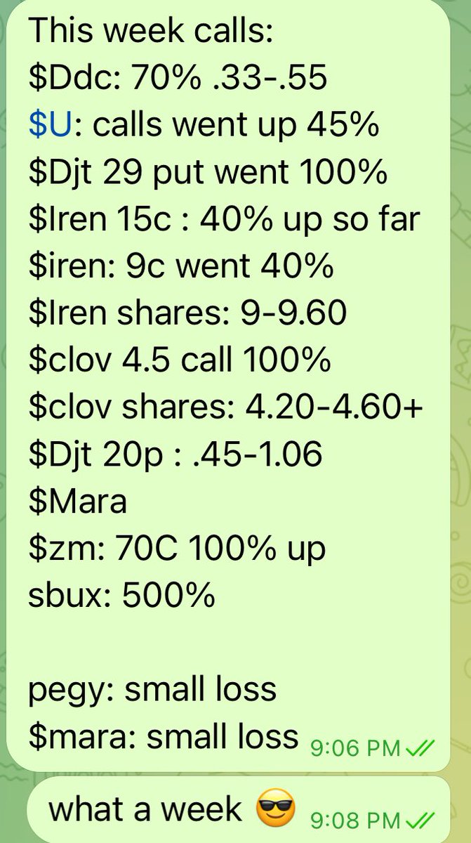 vipul0092003's tweet photo. Calls from last 2 weeks in the chat group.
$U , $DJT , $IREN , $CLOV , $MARA, $zm , $sbux , $pegy , $gevo , $tsla , $smci , $tigr , $ba 

Like and Comment Join and i will add you to the chat group…. 

Also join Stocktwits account for free alerts : @vipul0092003 https://t.co/qiBPxUTgPu