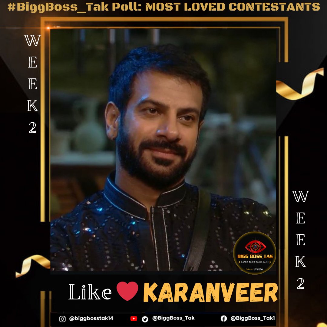 BiggBoss_Tak's tweet photo. Biggest &amp; Most Authentic #BiggBoss_Tak Poll: #BB18 (Week-2)

Like ❤️ If you're supporting #KaranVeerMehra in #BiggBoss18

Poll to end Tomorrow (Sunday) 11PM.

#BB18WithBiggBoss_Tak https://t.co/NjxZ8PteJX