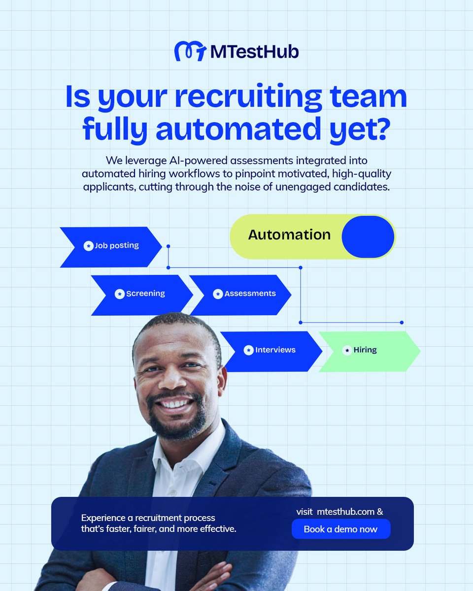 MTestHub's tweet photo. Is your manual and inefficient recruitment process slowing you down?  

MTestHub completely streamlines hiring, helping you focus on getting the best candidates—fast.  

Ready to transform how you hire? Book a demo today.
#Recruitment #Automation #Hiring https://t.co/LzieiIvzPZ