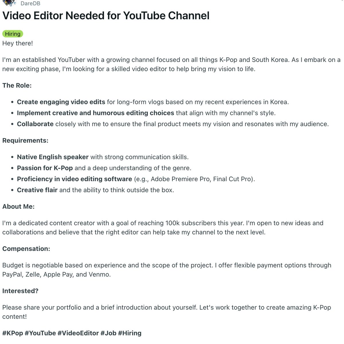 Hey K-Pop friends. I'm looking to hire a video editor to help with my new vlogs I want to trial run on my channel. I tried posting in Reddit, but I don't think I have the "karma" to use Reddit lol. If you know of anyone interested, let me know! Thank you!