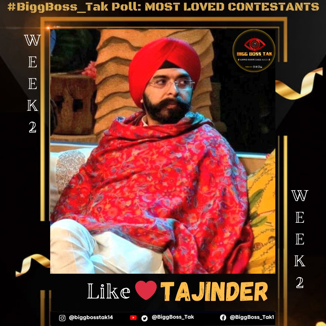 Biggest &amp; Most Authentic #BiggBoss_Tak Poll: #BB18 (Week-2)

Like ❤️ If you're supporting #TajinderBagga in #BiggBoss18

Poll to end Tomorrow (Sunday) 11PM.

#BB18WithBiggBoss_Tak