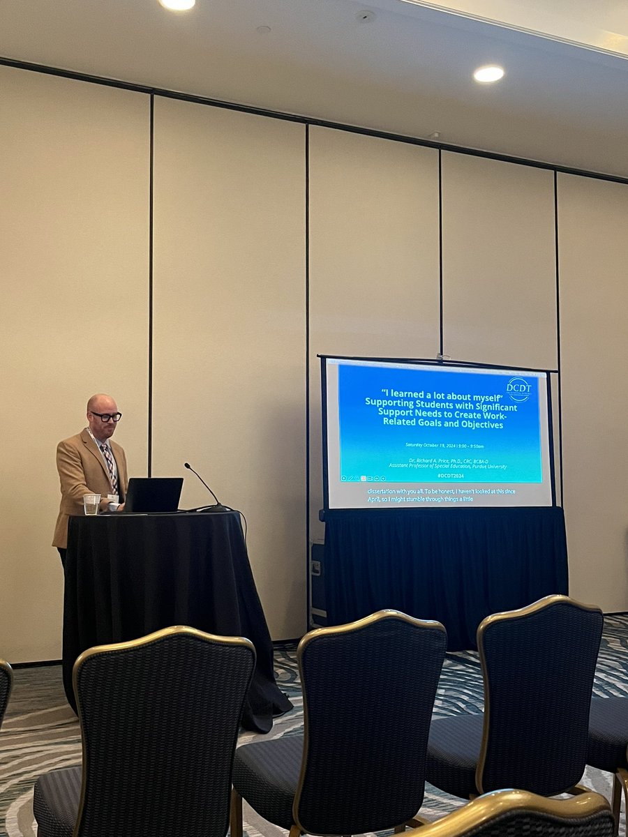 PurdueSPED's tweet image. Dr. Richard Price of in @PurdueEDU presented at The Division of Career Development and Transition #DCDT2024 where he presented on two projects focused on supporting high school students with significant supports needs transitioning to work. @DRichardaprice @LifeAtPurdue