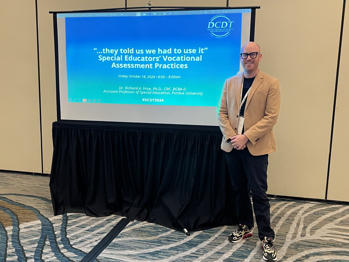 PurdueSPED's tweet image. Dr. Richard Price of in @PurdueEDU presented at The Division of Career Development and Transition #DCDT2024 where he presented on two projects focused on supporting high school students with significant supports needs transitioning to work. @DRichardaprice @LifeAtPurdue
