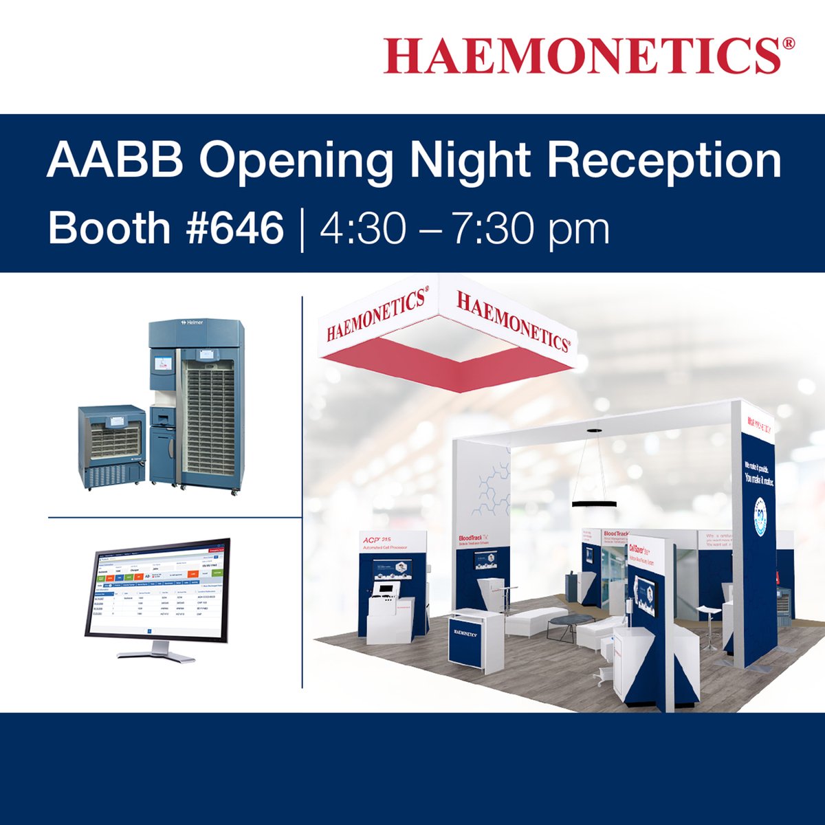 HaemoneticsCorp's tweet photo. The #AABB2024 Exhibit Hall opens today at 4:30 PM! Be sure to stop by the Haemonetics booth and discover how our #innovative products can help plasma centers optimize operations, enhance efficiency in blood centers, and elevate patient care in hospitals. #TransfusionMedicine https://t.co/N71MENlfVi