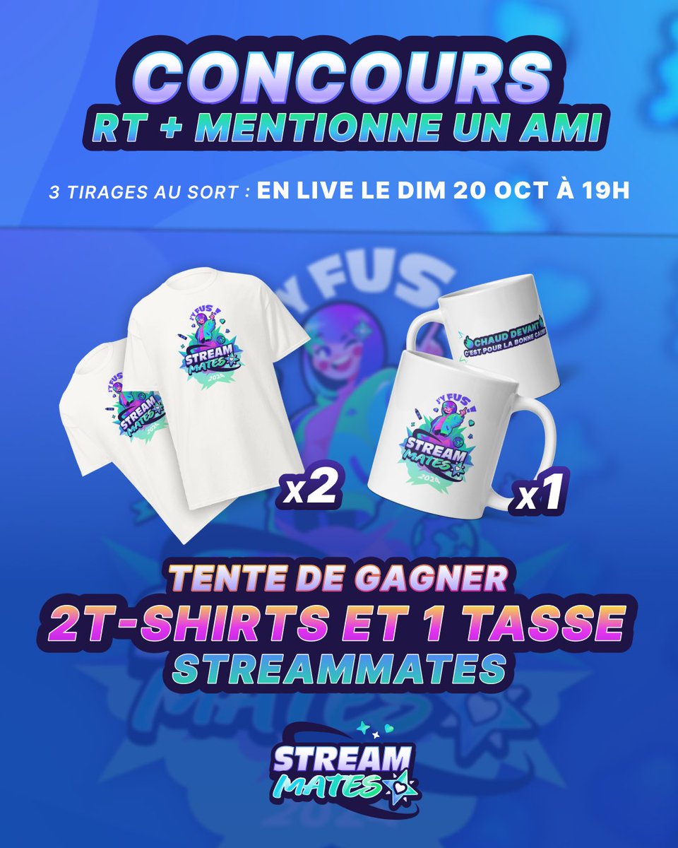 🎁3 GIVEAWAYS MERCH à GAGNER 🎁
En atteignant les 5k€, nous avons débloqué ce palier (Oui, on est à la bourre 😭)

Pour participer :
🔁 RT le post + FOLLOW <a href="/StreamMatesOff/">✨ StreamMates - Événementiel Twitch</a>
🗨️ COMMENTE "StreamMates les best"
👉 Mentionne un ami

TAS (1 gagnant par objet) : Dim 20 Oct vers 19h