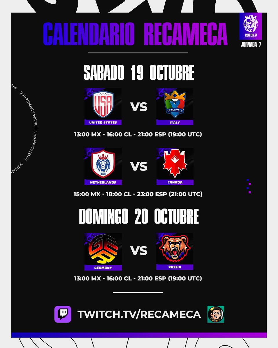 🏆 CALENDARIO STREAMS | <a href="/CR_Supremacy/">Supremacy League</a>
📌 JORNADA 7

📅 SÁBADO 19/10

⚔️ @TeamUSA_CRL 🆚 <a href="/NazionaleITACR/">Nazionale Italiana CR</a>
⏰ 13:00 🇲🇽 - 16:00 🇨🇱

⚔️ <a href="/TeamNL_CR_/">Team Netherlands CR</a> 🆚 <a href="/Team_Canada_CR/">Team Canada</a>
⏰ 15:00 🇲🇽 - 18:00 🇨🇱

📅 DOMINGO 20/10

⚔️ <a href="/TeamGER_CR/">.</a> 🆚 <a href="/russia_team12/">Team Russia</a>
⏰ 13:00 🇲🇽 - 16:00 🇨🇱

📺 Twitch: Recameca