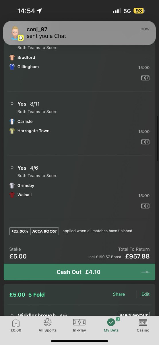 HarrySower62815's tweet photo. @bet365 sort your fucking app out a both teams to score bet and 1 goal of £957 and I can’t even see cash out as nearly all of games are not up to date https://t.co/RS68Ouchg1