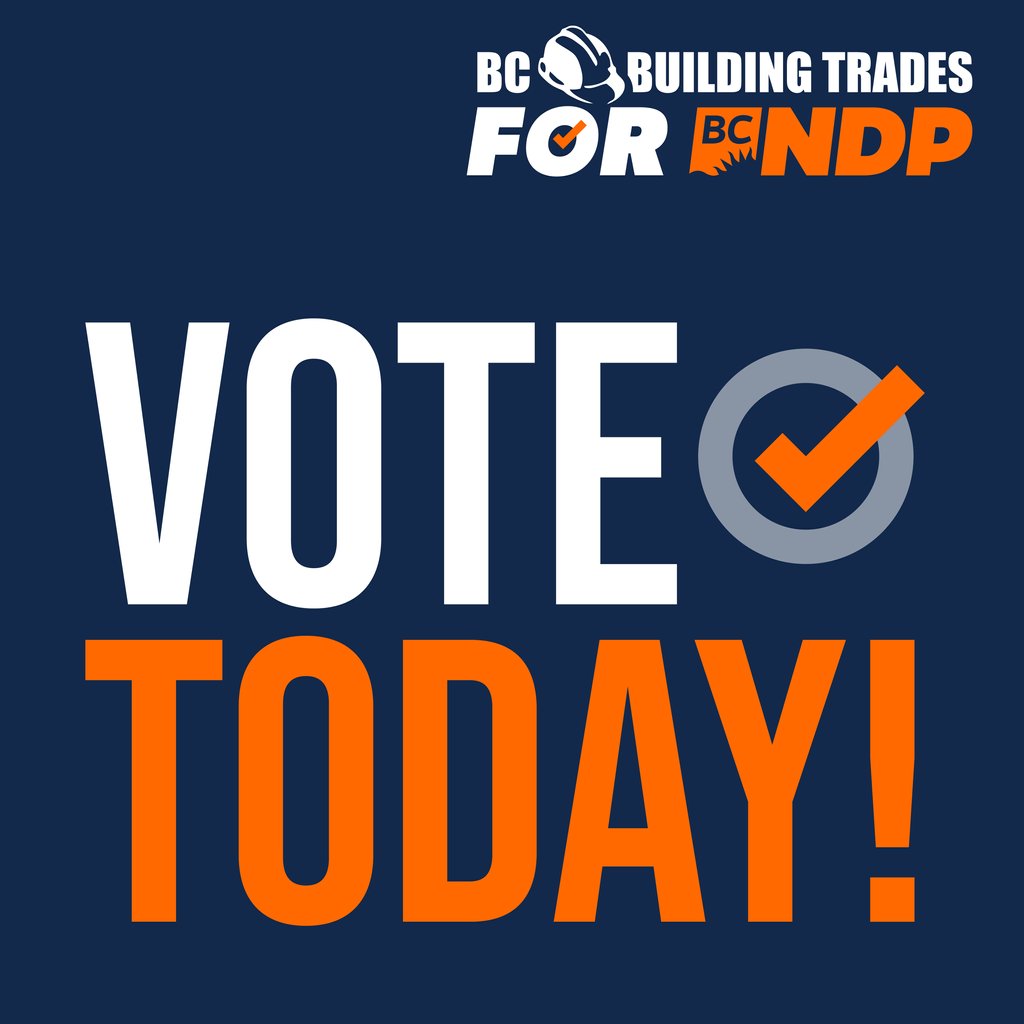 Election day is here! It’s your chance to vote for a BC NDP candidate who will:

-Protect our paycheques and working conditions
-Take action on health and safety
-Rebuild our apprenticeship system
-Support our pensions, wages and benefits

Go vote → bcbuildingtrades.vote