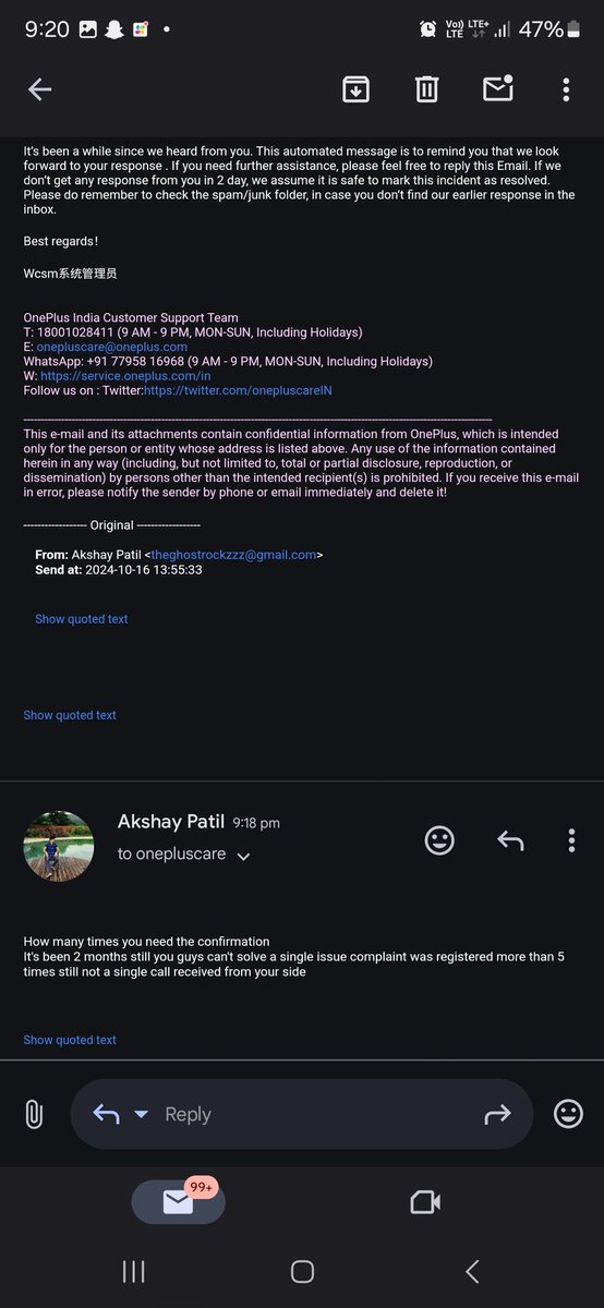 its_akshaypatil's tweet image. @onepluscareIN @OnePlus_IN this is side of OnePlus it's been 2 months I registered for complaint but this guys playing with customers 
TV is warranty but not single person called or look into the issue 
Now they stopped replying me on mail insta and now X 
#oneplusfraud