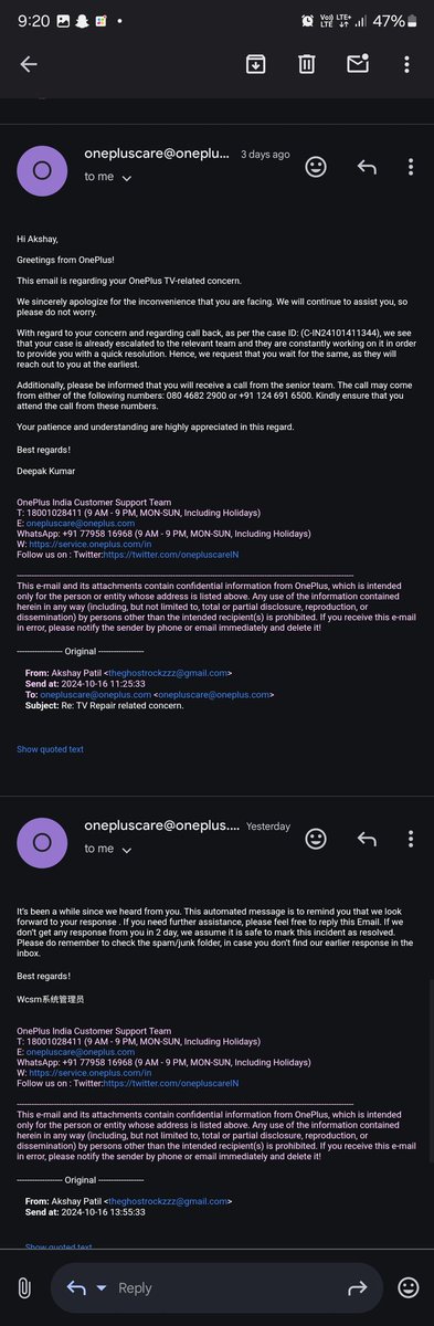 its_akshaypatil's tweet image. @onepluscareIN @OnePlus_IN this is side of OnePlus it's been 2 months I registered for complaint but this guys playing with customers 
TV is warranty but not single person called or look into the issue 
Now they stopped replying me on mail insta and now X 
#oneplusfraud