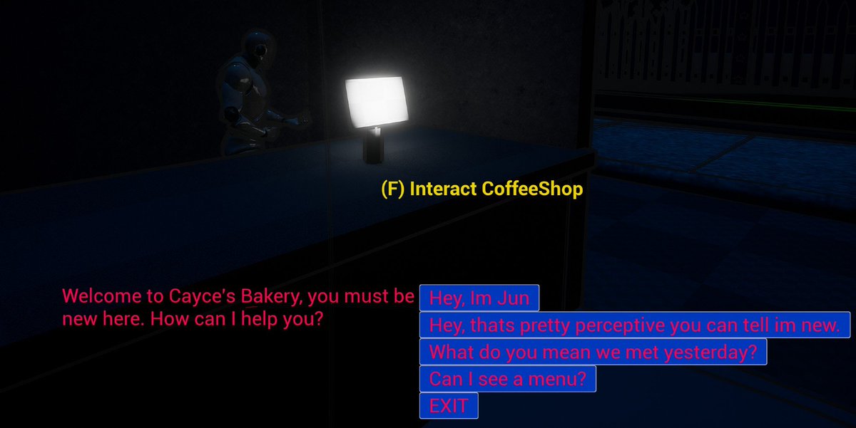 Happy
#ScreenshotSaturday
everyone. Woke up at 6am to smoke some meat and add more functionality to my dialogue system (ignore the ugly UI. I swear its well designed on the back end). Currently implementing logic paths between dialogue and other actions like shopping or NPC tasks
