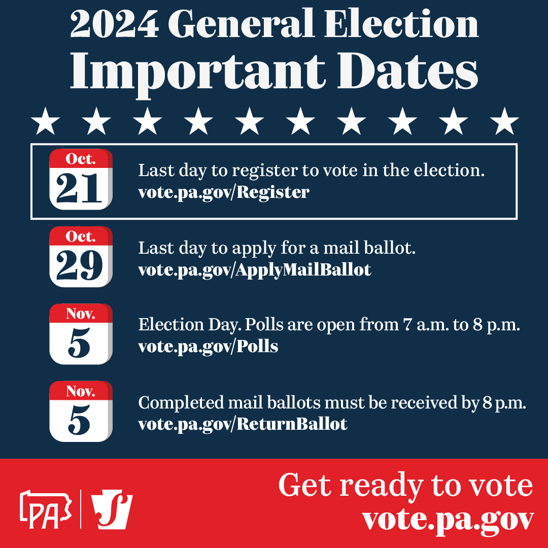 PAStateDept's tweet photo. Monday, Oct. 21 is the deadline to register to vote or update your voter information for the Nov. 5 general election. 
Register to vote here: https://t.co/LY233JAXuZ 
#ReadyToVotePA https://t.co/3WsVtl59Gg