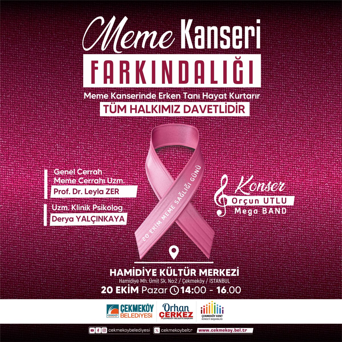 🎗️ Farkında ol, hayata geç kalma! 🎗️

20 Ekim Pazar günü saat 14:00-16:00 arasında Hamidiye Kültür Merkezi'nde gerçekleştirilecek meme kanseri farkındalık programına davetlisiniz...

Kendiniz ve sevdikleriniz için düzenli kontrollerinizi ihmal etmeyin, sağlığınızı riske atmayın.