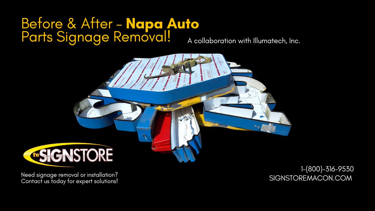 signstoremacon's tweet image. We completed a sign removal project for @Illumatech! We removed the Napa Auto Parts signage in Thomaston, GA. Need sign services? Call Us 1-800-316-9530. We do it all! #SignageSolutions #BusinessSigns #Illumatech #TheSignStore