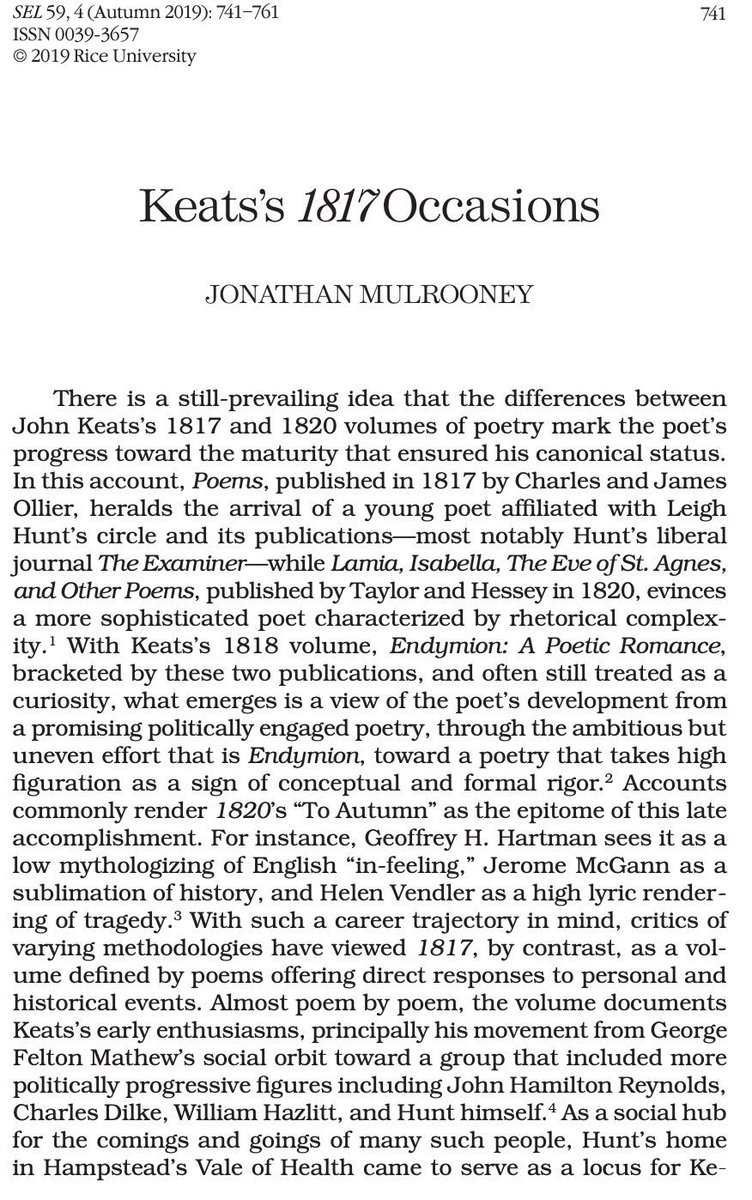 Happy 240th Birthday Leigh Hunt 🥳 born #OTD in 1784, Hunt was a poet, essayist &amp; critic in British Romanticism. Friend to Keats, Shelley, and Byron, Hunt's home is an important scene for Keats, Mulrooney explains in "Keats's '1817' Occasions" (SEL 59.4) bit.ly/3BInJAx