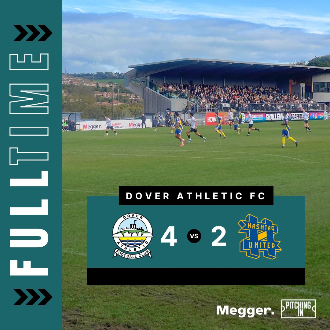 DoverAthletic's tweet photo. ⏱️ FT | Dover Athletic 4-2 Hashtag United

A fantastic performance in front of 2732 on our first Community Day of the season.  

We finish the day top of the Isthmian Premier Division table. With goals from Matthews, Pont, Baptiste and Nikaj. 

We’re back at home on Saturday in the FA Trophy against Sittingbourne. 

#OneTownOneTeamOneDover ⚪⚫️