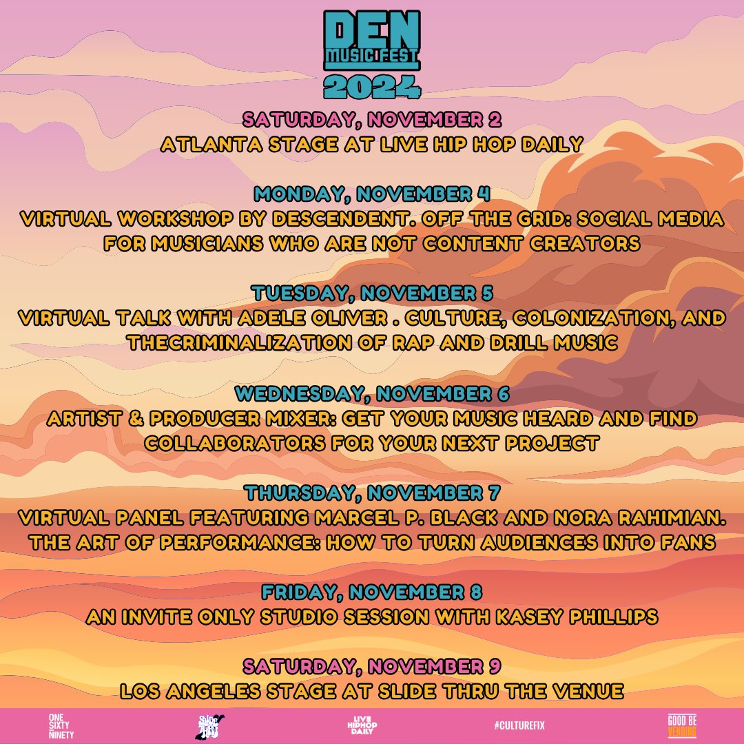I’ll be kicking off <a href="/denmusicfest/">Den Music Fest</a> week of virtual sessions!

Monday, Nov. 4th at 8 pm EST my virtual workshop “Off The Grid: Social Media For Musicians Who Are Not Content Creators”. 

Virtual sessions tickets are included in the all access or virtual only bit.ly/4dFx2OR