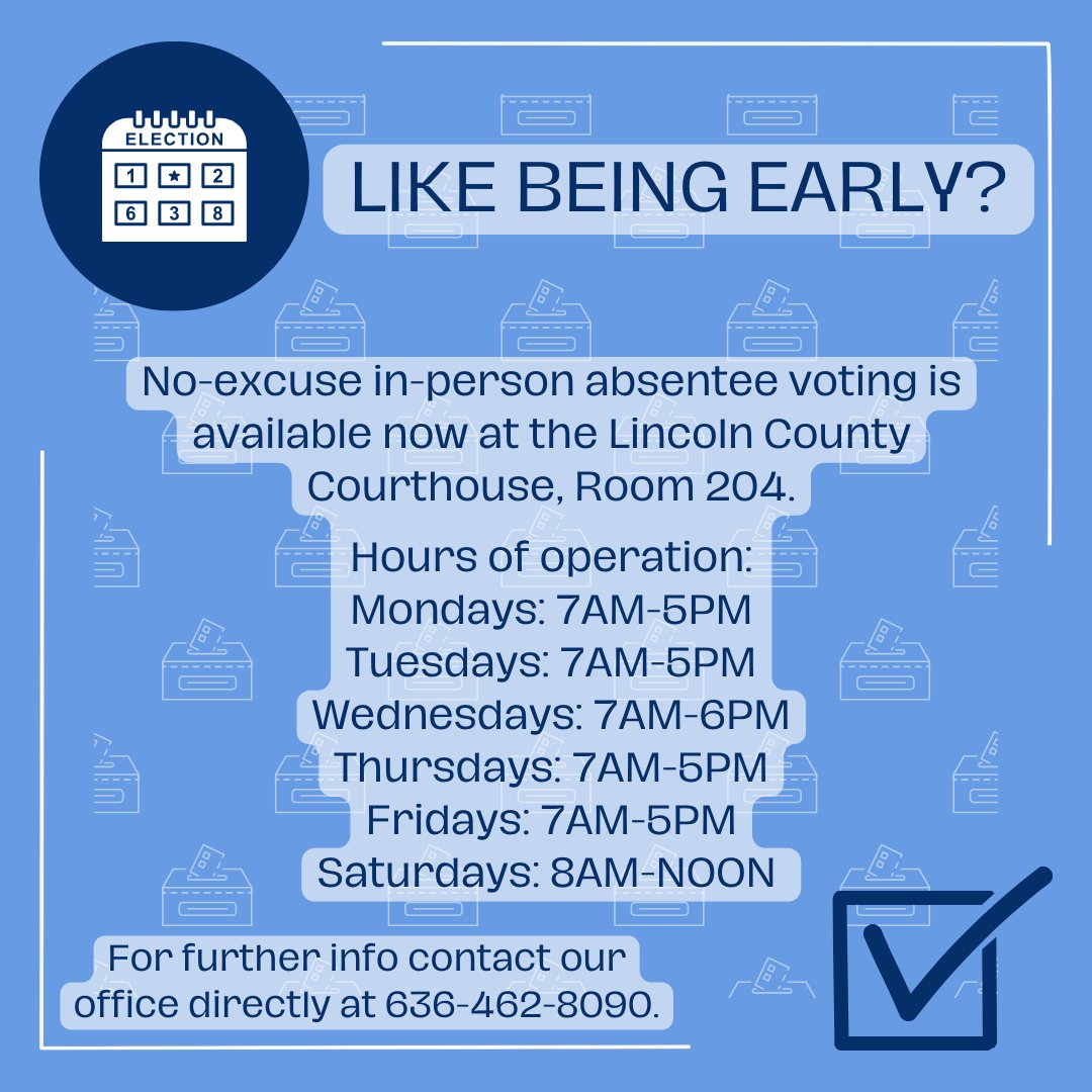 LincolnMoClerk's tweet photo. REGISTERED VOTERS
The no-excuse in-person absentee voting period begins today. https://t.co/iwywQ2vwAX