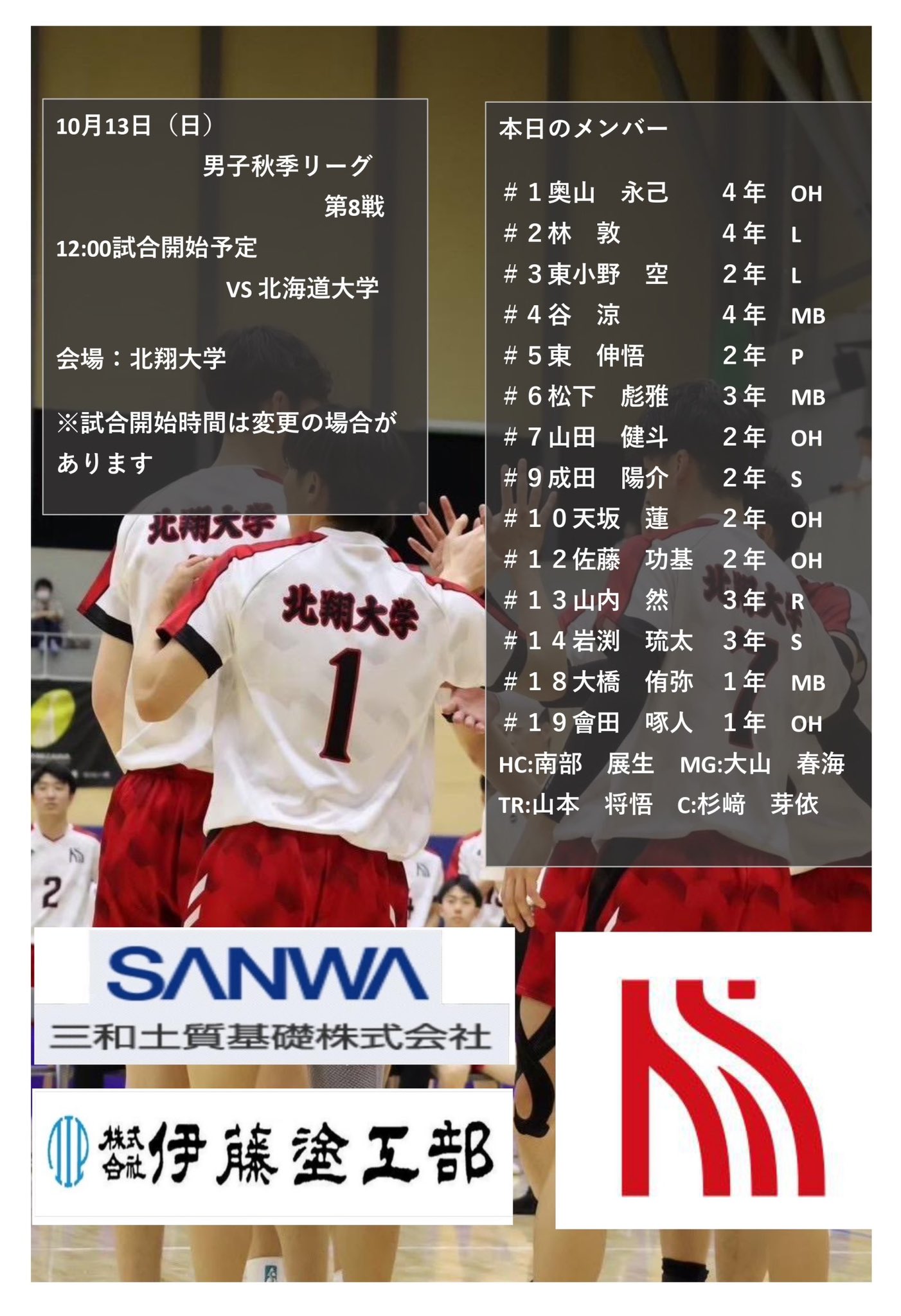 20】北翔大学男子バレーボール部ユニフォーム上下